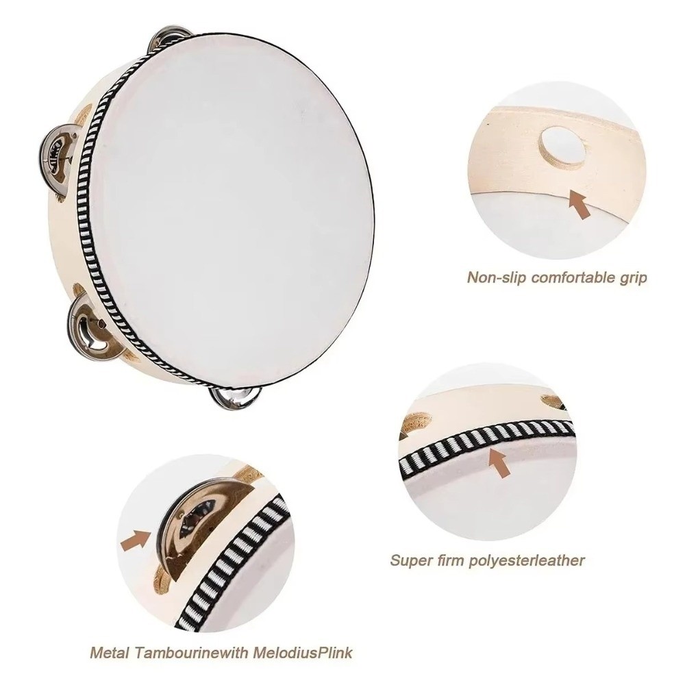 Musical Instrument Tambourine - 4/6/8/10 Inch Hand Held Drum Wooden